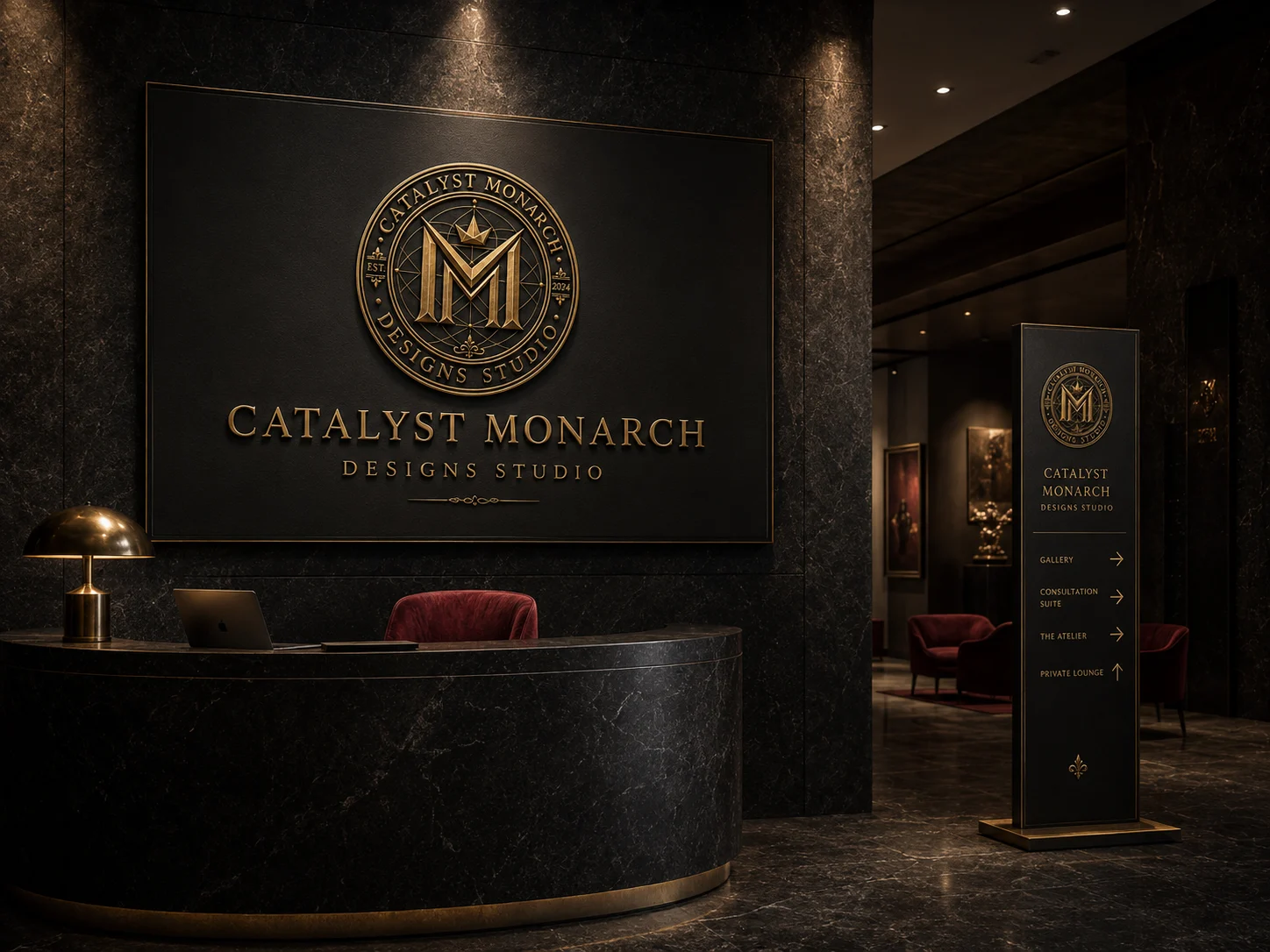 Monarch reception wall and wayfinding totem, a spatial identity study in black stone and gold